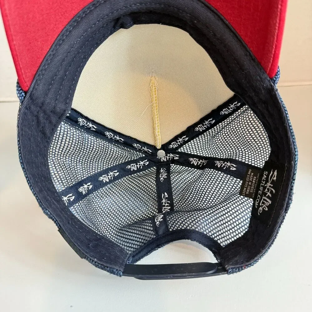 Salt Life Trucker Hat Cap Red White Blue Fish Flag Snapback One Size Fits Most